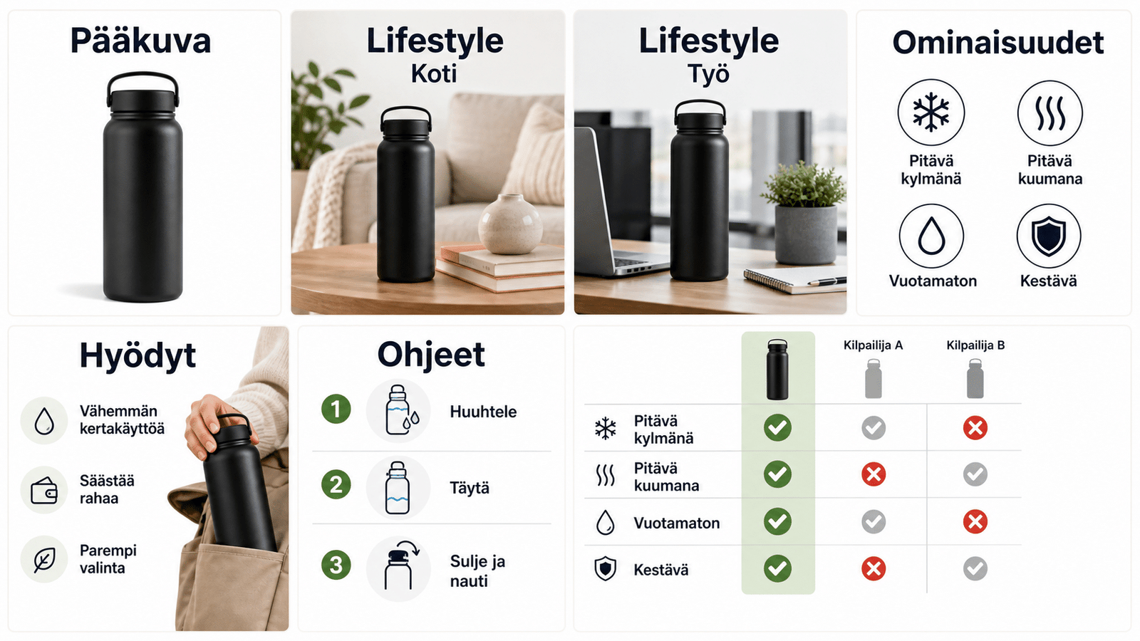 Ruudukko, joka esittelee verkkokaupan listauksen kuvavalikoiman: pääkuva, lifestylet, ominaisuudet, hyödyt, ohjeet ja vertailu.