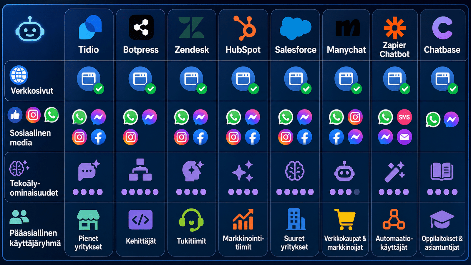 Havainnollistava vertailukuva kahdeksasta suosituimmasta chatbotti-alustasta ja niiden ominaisuuksista.