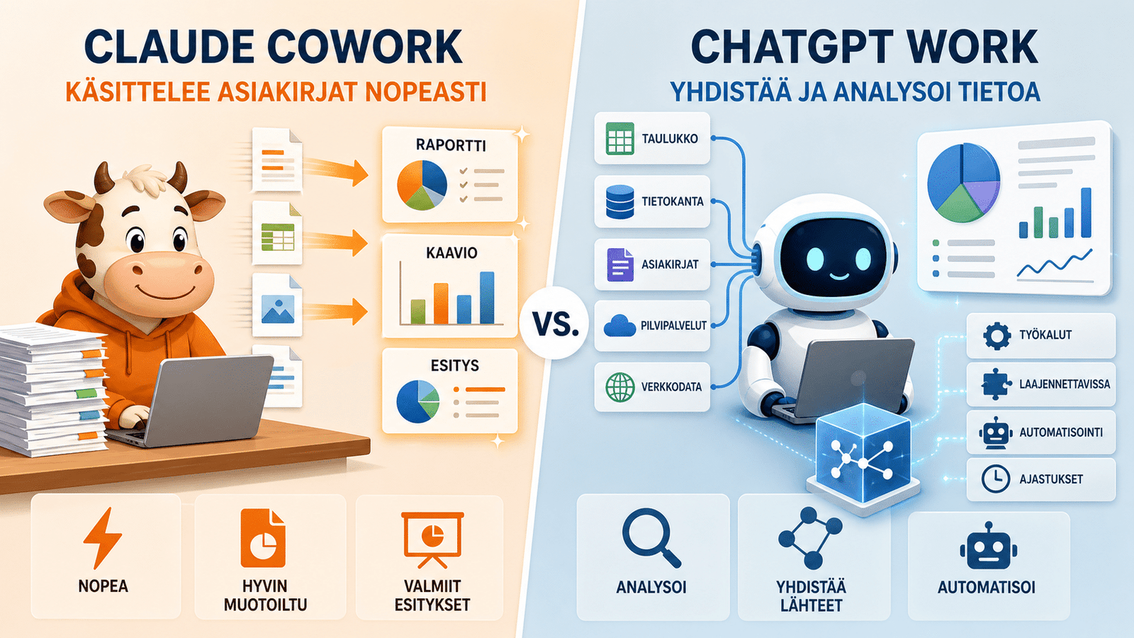 Vertailugrafiikka ChatGPT Workin ja Claude Coworkin tehokkuudesta toimistotöissä.