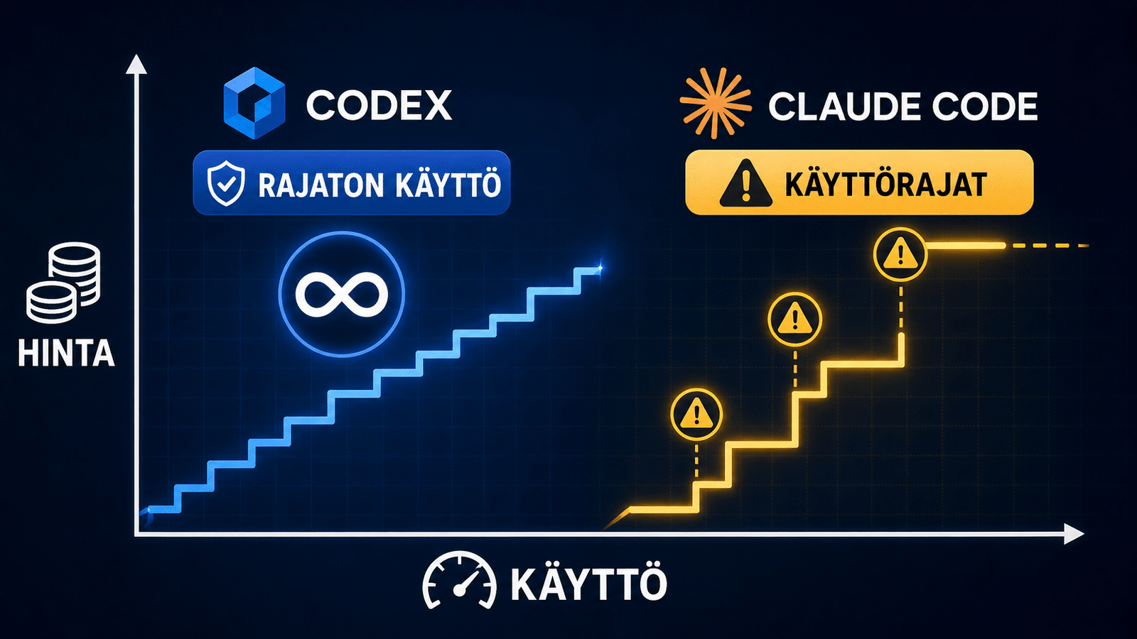 Hintaportaat ja käyttökatot kuvastavat Codexin rajattomampaa ja Claude Coden rajoitetumpaa käyttöä.