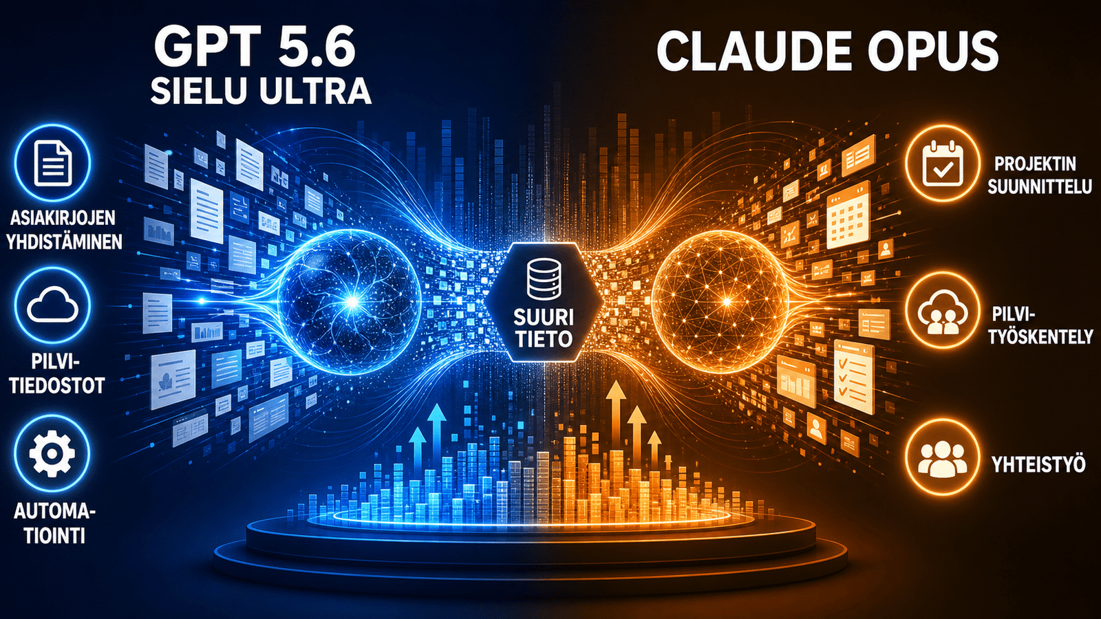 Konseptikuva GPT 5.6:n ja Claude Opuksen eroista tekoälynä.