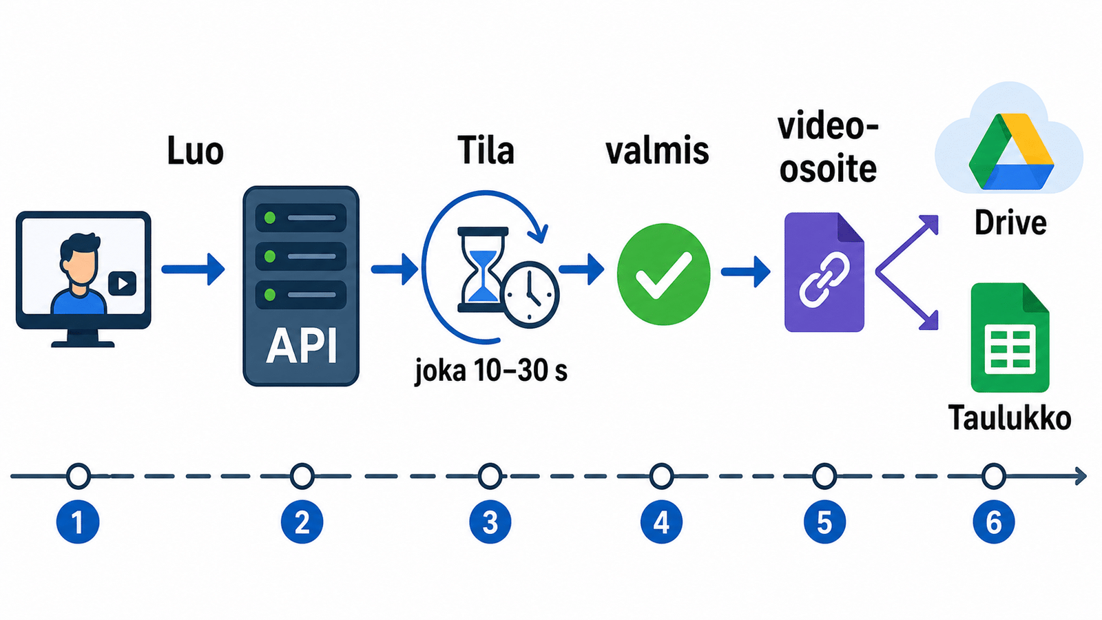 Kaavio avatar‑videon API‑prosessista: luontipyyntö, tilan pollaus 10–30 s välein, tila completed ja video‑URL talteen Driveen ja Sheetiin.