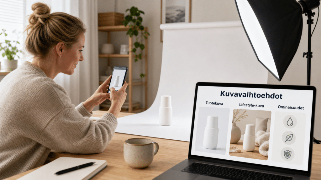 Suomalainen verkkokauppias kuvaa tuotetta puhelimella valkoista taustaa vasten; läppärillä näkyy tekoälyllä luotuja kuvavaihtoehtoja.