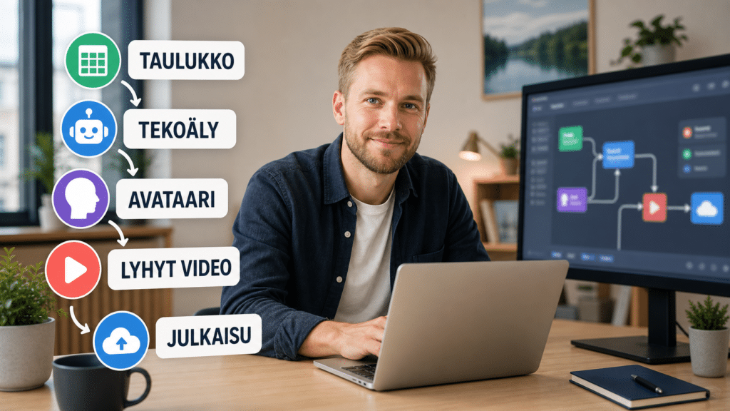 Suomalainen sisällöntuottaja automatisoi lyhytvideoiden tuotantoa toimistolla; ruudulla hahmottuu solmuista koostuva työnkulku ja videokuvakkeita.