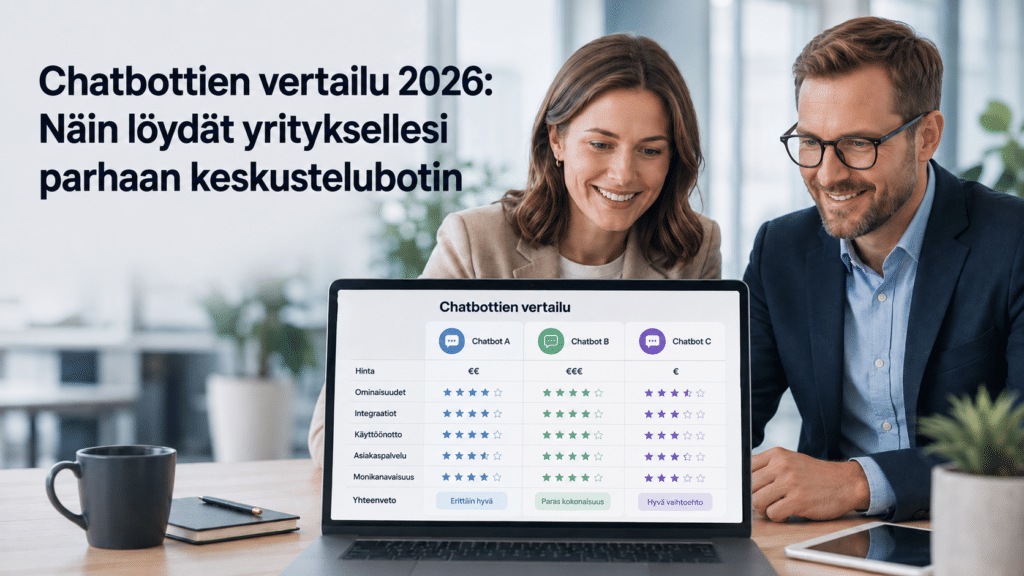 Kaksi suomalaista liiketyöntekijää vertailee chatbotteja toimistossa tietokoneen ääressä.