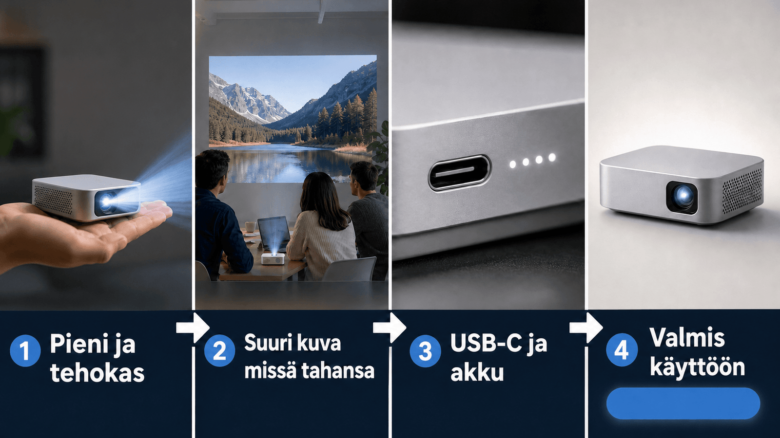 AI-mainosvideon kohtaukset USB-C-miniprojektorille: kompakti koko, suuri heijastuskuva, USB-C-liitäntä ja valmis tuotevideo.