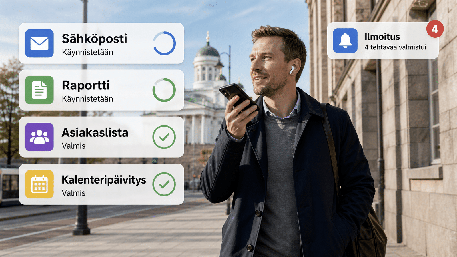 Henkilö kävelee AirPodit korvissa ja puhuu puhelimeen; kelluvat säiekortit kuvaavat taustalla etenevää aamun työlistaa.
