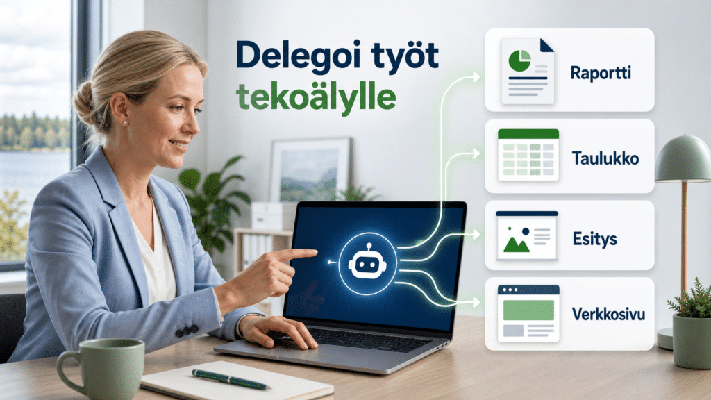 Suomalainen toimistotyöntekijä delegoi tehtäviä ChatGPT Workille kannettavalta; ruudulla näkyy abstraktisti raportti-, taulukko-, esitys- ja sivustotuotokset.