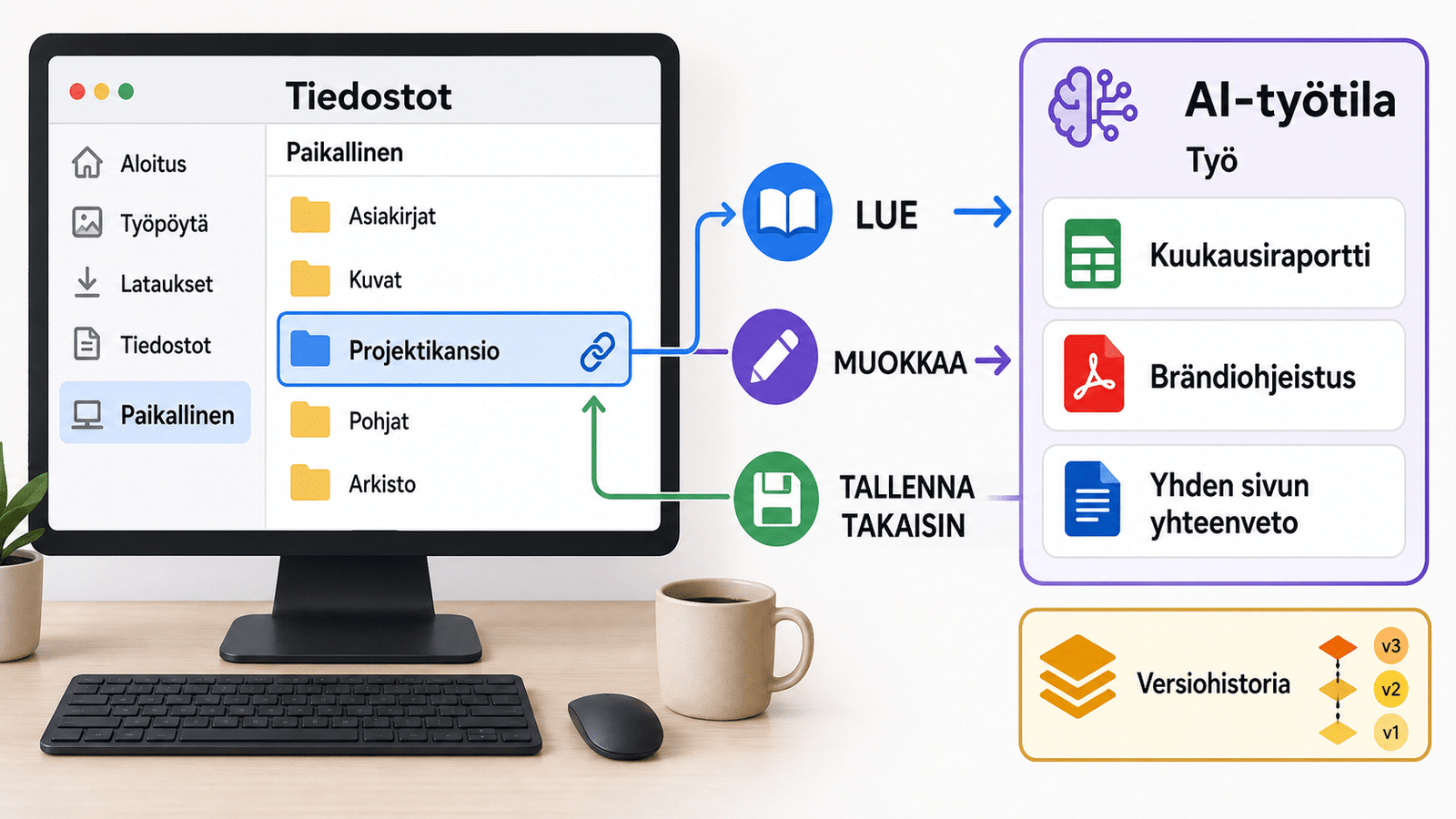 Havainnekuva: desktop-projekti linkitetty paikalliseen kansioon; Work lukee, muokkaa ja tallentaa takaisin samaan kansioon; versiot pysyvät hallinnassa.