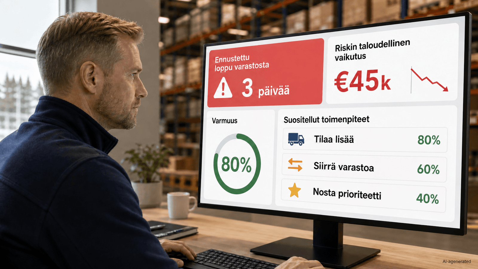 Varastopäällikkö tietokoneen ääressä; näytöllä ennuste vajaatilanteesta ja suositellut toimenpiteet todennäköisyyksineen.